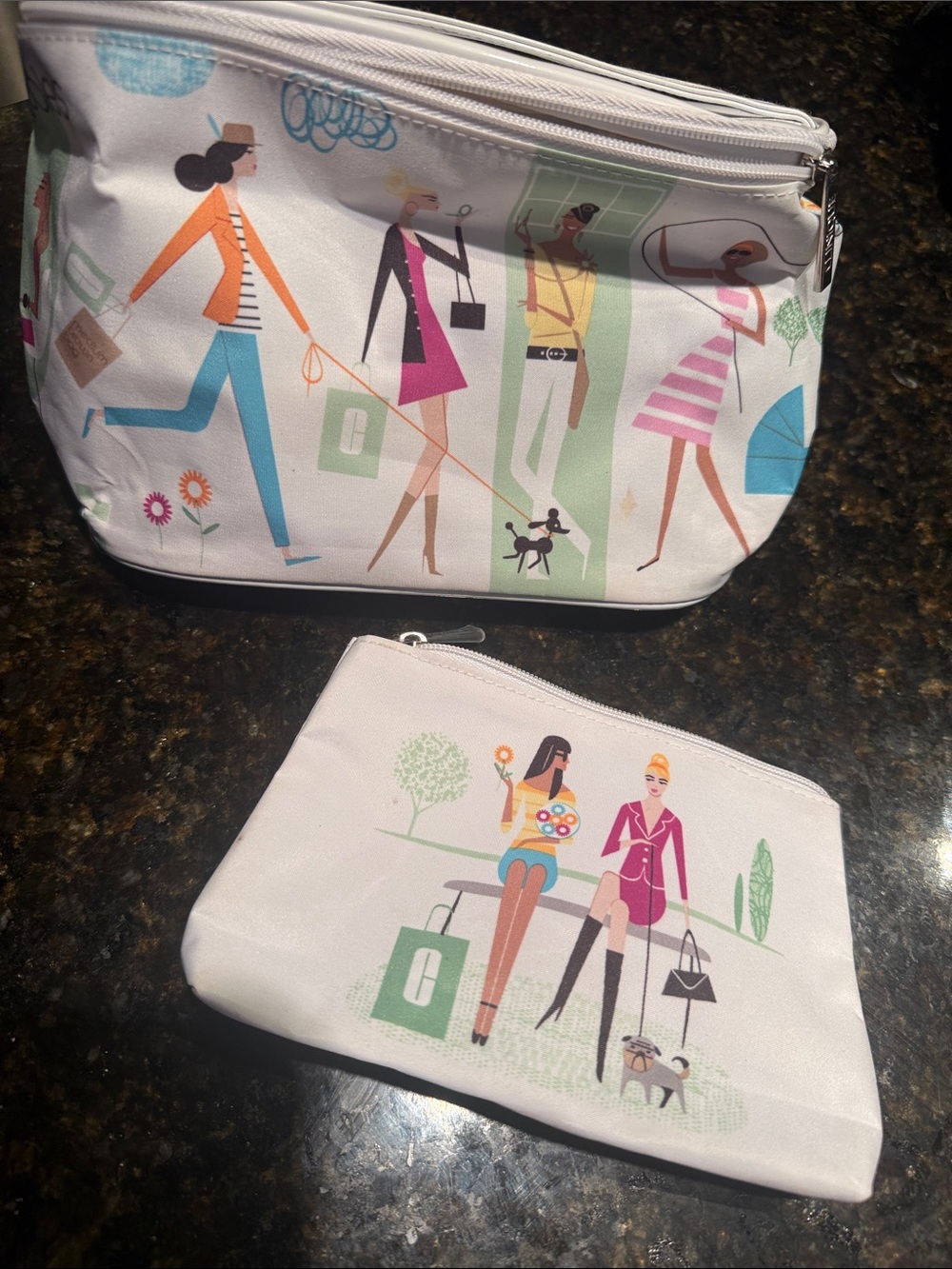 Stylish Illustrated Cosmetic Bag White with Multicolor Print Large & Small Case